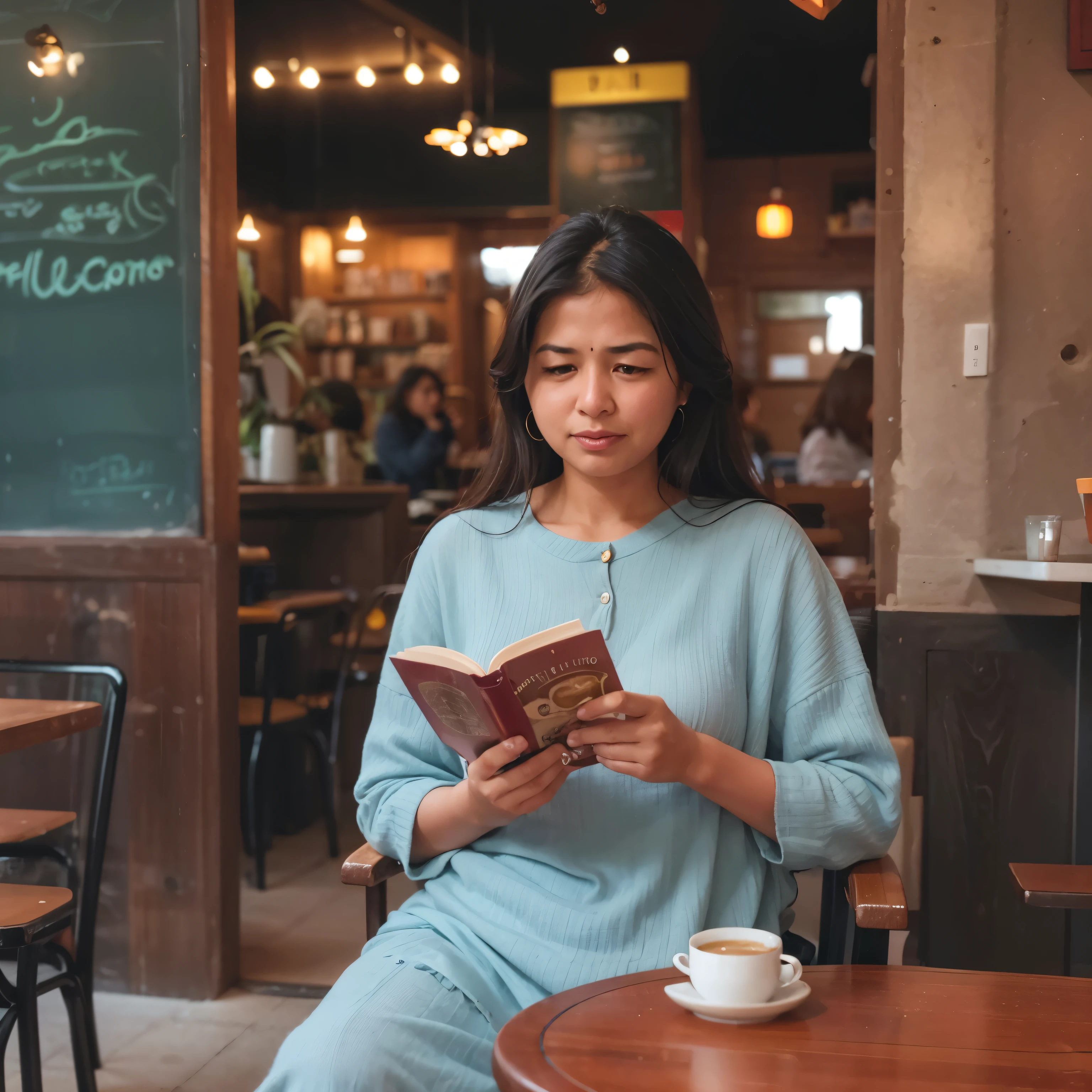 woman sitting at a table reading a book in a cafe, sitting in a cafe alone, mid shot portrait, sitting alone in a cafe, inspired by Sunil Das, sitting in a cafe, reading new book, village girl reading a book, portrait shot, enjoying coffee at a coffee shop, medium shot portrait, a portrait, assamese aesthetic, portrait