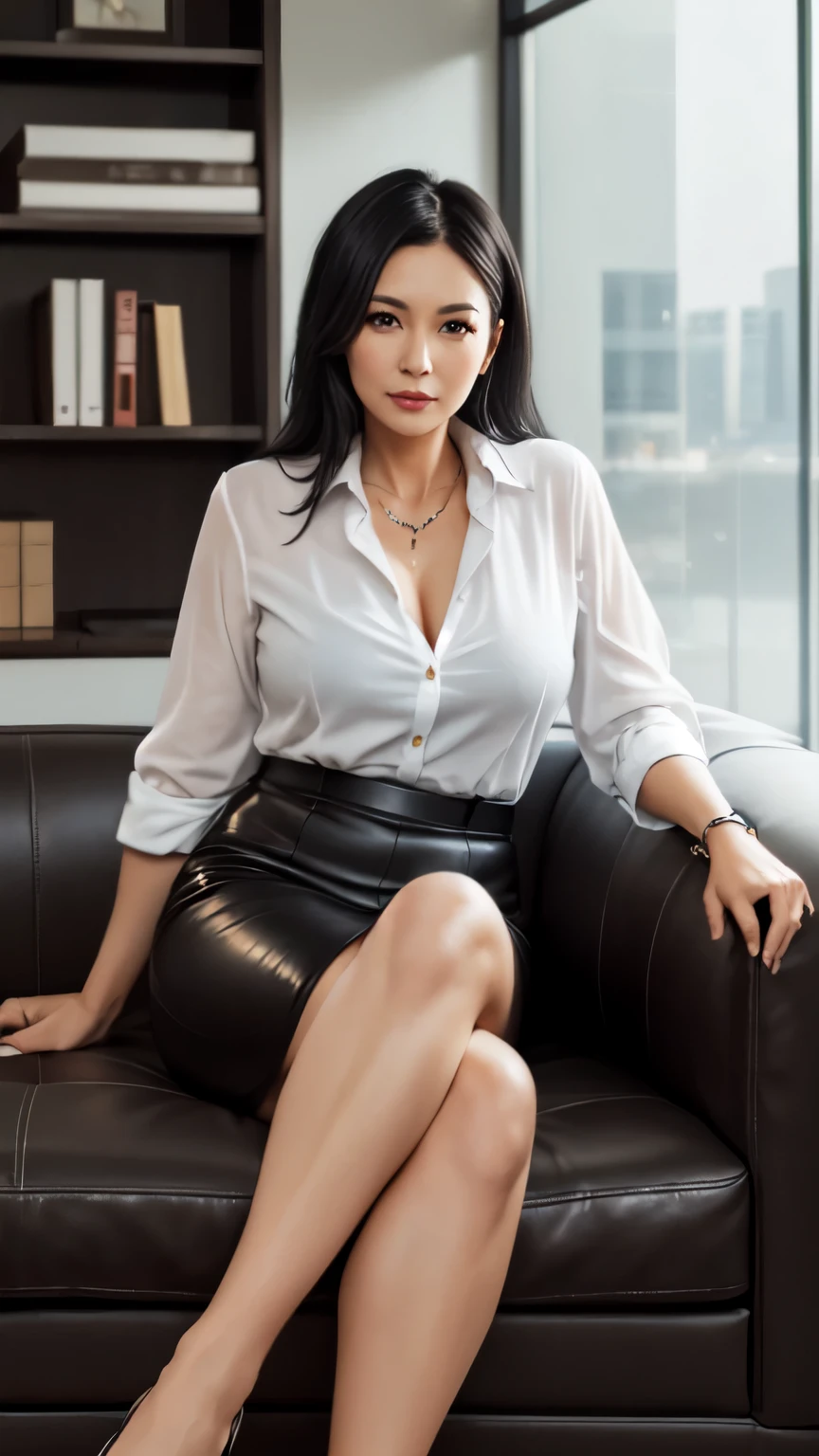 portrait of a 45-year-old woman with black hair, seductive gaze, brown eyes, some wrinkles on her face, wearing sexy office clothes, 8k, detailed background, wrinkles on body, showing full body, full body, sitting on large leather sofa