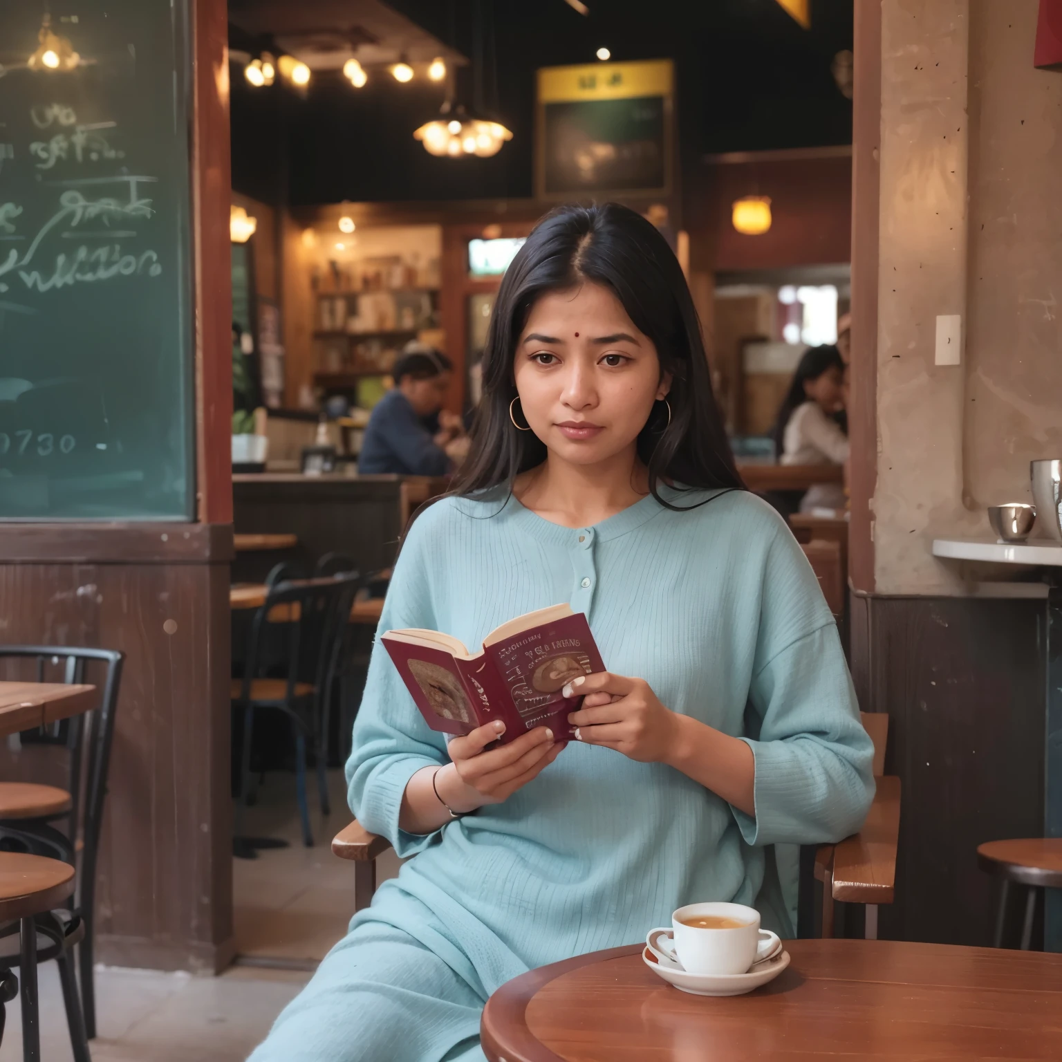 woman sitting at a table reading a book in a cafe, sitting in a cafe alone, mid shot portrait, sitting alone in a cafe, inspired by Sunil Das, sitting in a cafe, reading new book, village girl reading a book, portrait shot, enjoying coffee at a coffee shop, medium shot portrait, a portrait, assamese aesthetic, portrait
