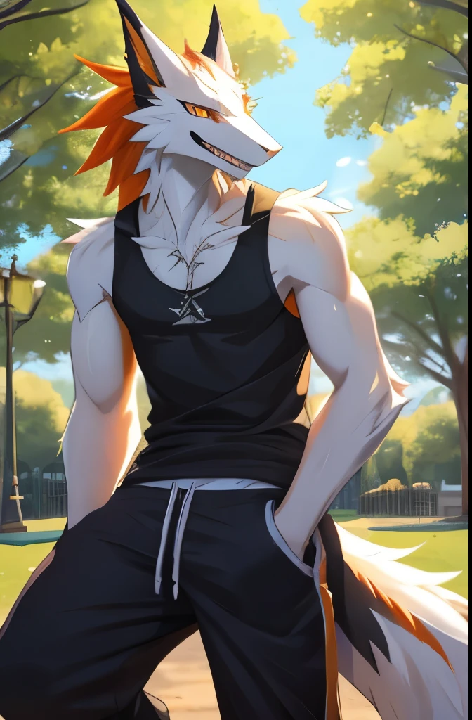 furry, solo, best quality, masterpiece, HDR, male sergal, in a park, teen, wearing tank top and sweatpants, happy, orange eyes