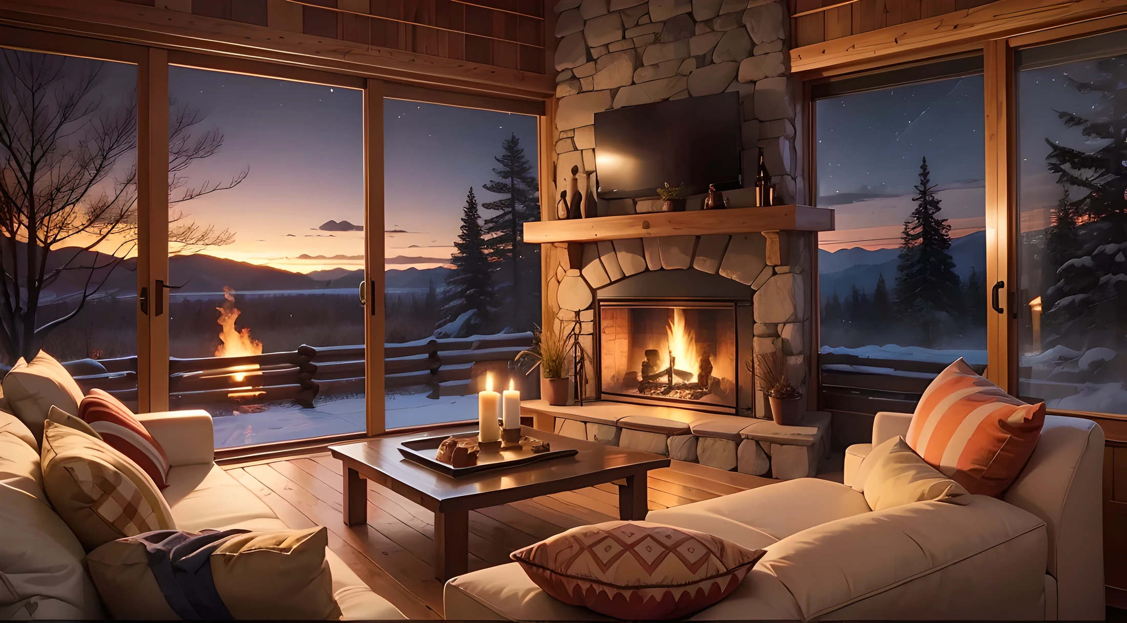 Wooden cabin living room anime background, this night outside](cozy atmosphere), (subtle lighting), bright stone fireplace fire, this best quality evening, transparent glass windows