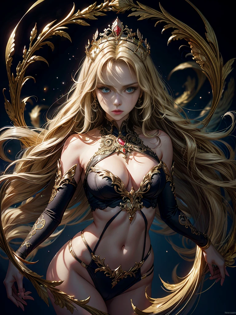 (skeleton like:0.4), ((female ornate princess)), (with blonde long flowing hair), (bright beautiful eyes), trending on artstation, flowers of hope by Jean-Honor Fragonard, Peter mohrbacher, hyper detailed, insane details, stunning, intricate, elite, art nouveau, ornate, liquid wax, elegant, extravagant, luxury, Greg Rutkowski, ink style, sticker, vector-art, beautiful character design, double exposure shot, luminous design, award winning, masterpiece, amoled black background, (full torso),