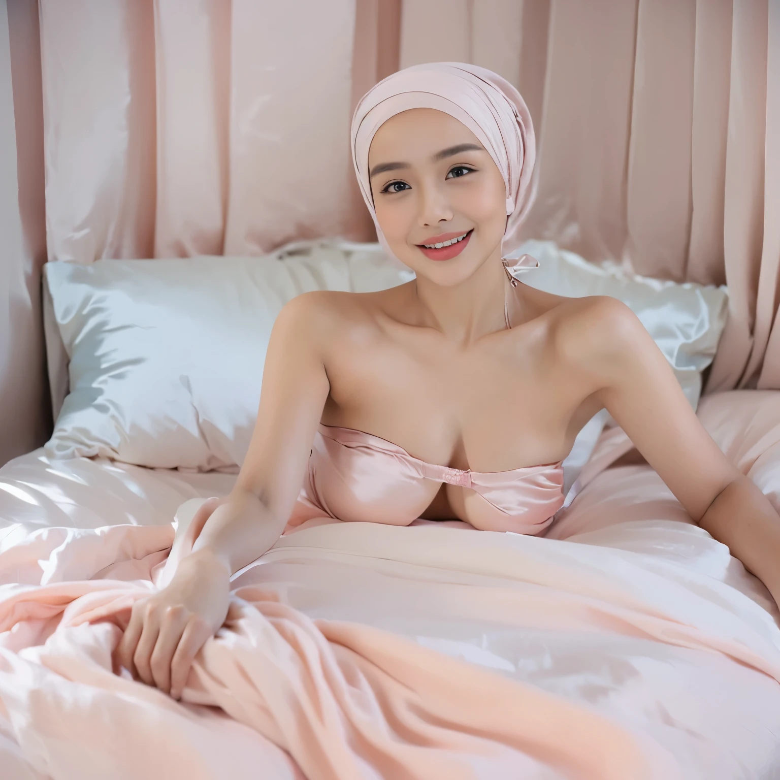 (k, RAW photo, masterpiecel1.4, realistic, photo-realistic, HD quality, best quality, 8k resolution, 1 beautiful malay girl, ((room background)), ((laying down a bed)), ((sleeping on a bed)), ((face viewing camera)), photo of a women girl with light pink hijab, (lighting), ((big-breasted), ((perfect body)), ((soft smile face)), ((sexy seductive poses)), ((wearing sexy pastel satin bikini light pink)), ((erotic nipple)), ((milk cum on face))