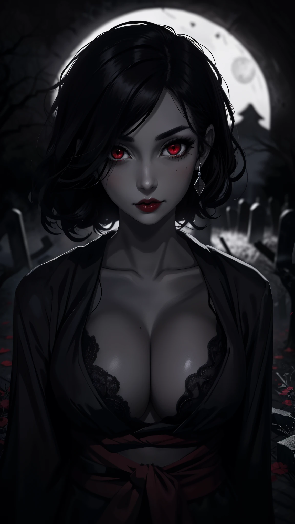 DigiArt Style, 1girl, solo, looking at viewer, black hair, monochrome, greyscale, earrings, red lips, BREAK, large snoopy breast,deep red eyes, petals, eyelashes, , makeup,, portrait,, black kimono, cleavage , dark fantasy, dark colors, beautiful,,, spooky graveyard, moonlight, extreme details 