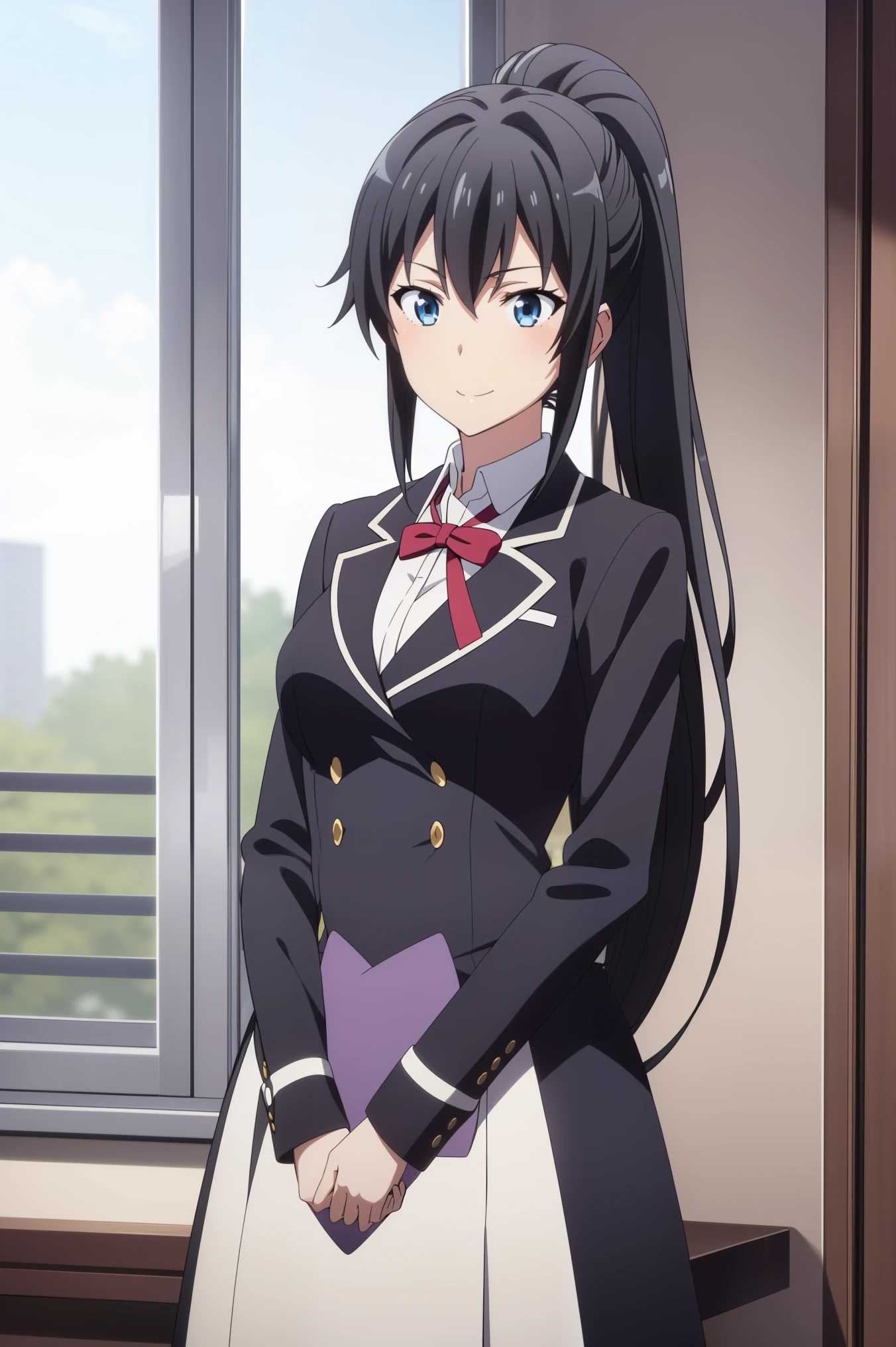 ((best quality)), ((masterpiece)), (detailed) 1girl 1girl, ;\), blurry, blurry_background, breasts, , hair_ponytail ribbon, looking_at_viewer, ok_sign, one_eye_closed, open_hand, Yukinoshita Yukino ,Woman wearing formal clothes, An attractive coat stands in a large gap in the room , 1girl, 独奏, blue necktie, Black hair, eyes blue, long hair, smile , collared shirt, white pants, white shirt , Elegantly designed coat , Stand in front of a window ,Perfectly tailored tailcoat. It has a stunning Victorian design and is made of lustrous fabric