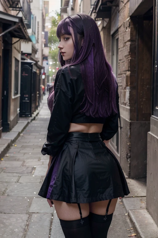 ((Best quality, 4k, Masterpiece)), 1girl, fit, beautiful and realistic, egirl, fading purple dyed hair, hair has bangs, standing in an ally, back facing the camera, fully dressed in goth clothing including large black skirt and black stockings