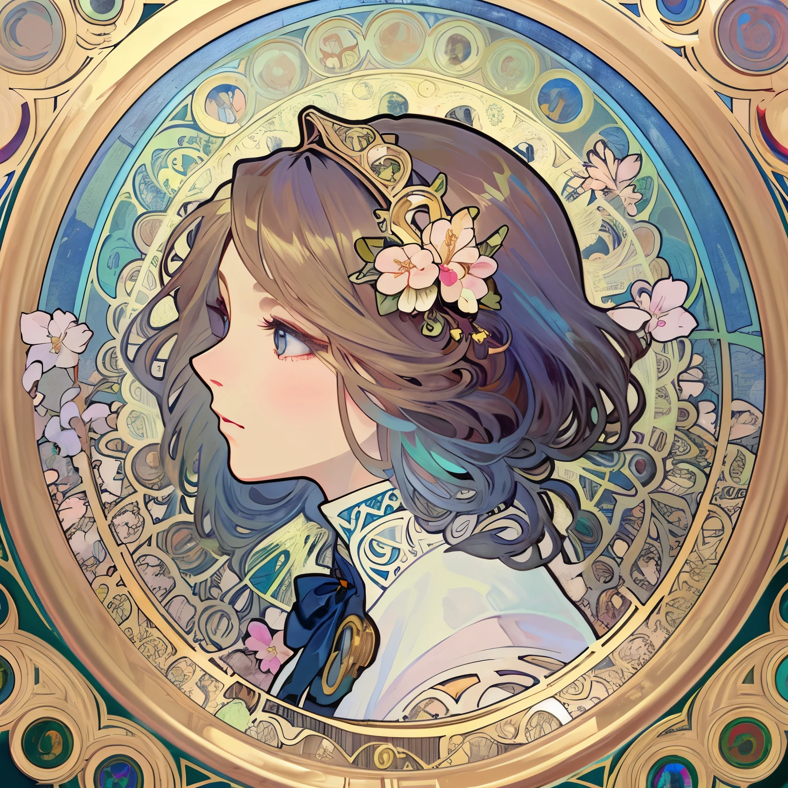 Beauty 1 person、(masterpiece、highest quality、highest quality、beautiful and aesthetic:1.2)、round picture frame、Rainbow-colored、Shining jewelry hair ornament、flowers in full bloom、detailed jewelry、dynamic、Based on the concept of an elegant woman、(((Alphonse Mucha)))、Shining eyes、profile、colorful hair、Fluttering petals、Gradation、hyperdetailed intricately detailed, unreal engine, wonderful, intricate details, splash screen, complementary color, Realistic concept art, 8K resolution, 逸脱のmasterpiece、cherry blossoms