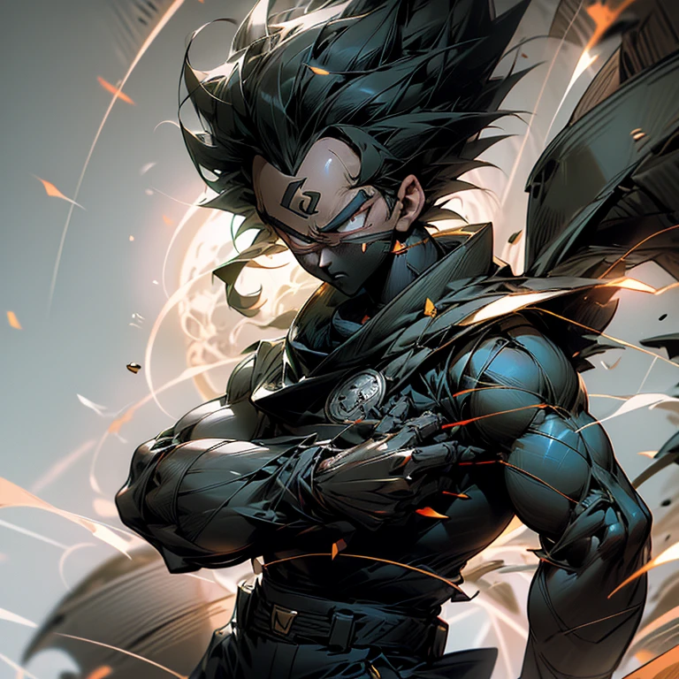 Cinematic Still of Vegeta, the Prince of Saiyans, wearing a sleek Hatake Kakashi suit. The image captures Vegeta's powerful stance, muscles rippling beneath the perfectly tailored attire. The white top contrasts sharply against his bronzed complexion, while the black waist strap adds a touch of elegance. With arms folded and a piercing gaze, Vegeta emanates an aura of cool confidence, ready to take on any challenge that comes his way. This extraordinary artwork is available in the highest resolutions, ranging from 4k to 8K, ensuring every intricate detail is displayed with absolute clarity. It is a true masterpiece, worthy of adorning the walls of any fan's collection.