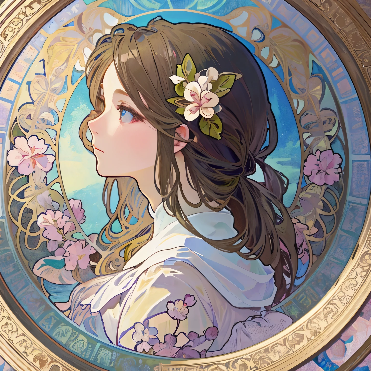 Beauty 1 person、(masterpiece、highest quality、highest quality、beautiful and aesthetic:1.2)、round picture frame、Rainbow-colored、Shining jewelry hair ornament、flowers in full bloom、detailed jewelry、dynamic、Based on the concept of an elegant woman、(((Alphonse Mucha)))、Shining eyes、profile、colorful hair、Fluttering petals、Gradation、hyperdetailed intricately detailed, unreal engine, wonderful, intricate details, splash screen, complementary color, Realistic concept art, 8K resolution, 逸脱のmasterpiece、cherry blossoms