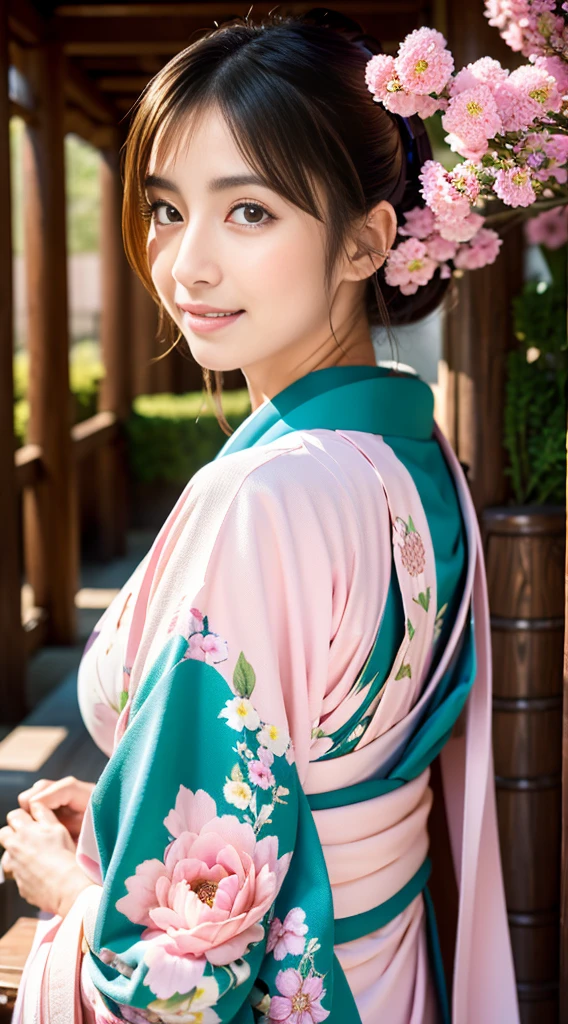 (beautiful japanese model in japan), (alone), ((The face is 70% beauty and elegance, 30% pretty and cute:1.5)), clear eyes,  medium long hair, double eyelid, (Slightly thick and sexy lips:1.2), Super detailed and incredibly high resolution Kimono, Highly detailed facial texture, impressive body shape, Hands hide the crotch, gentle smile, curvaceous and very attractive woman, F cup breasts,The color of the kimono is 65% white and 35% Light pink, High resolution RAW color photography professional photography, break ultra high-resolution textures, High resolution body rendering, Big eyes, an unparalleled masterpiece, incredible high resolution, Super detailed, stunning ceramic skin, break (Wearing a white kimono with plenty of light pink), (The main color is gentle white, 優しいLight pinkが際立ちます), (Exquisitely crafted classic Japan white kimono), ((The chest is slightly open)), ((A white kimono with a gentle light pink color and a delicate and elegant pattern.)), (The background is an arid landscape created with bright matcha green.) break ((highest quality, 8K)), sharp focus:1.2, (layer cut, big:1.2), (beautiful woman with perfect figure), (full body shot | cowboy shot | Rear view)