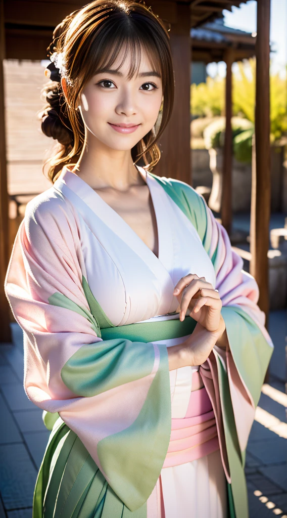 (beautiful japanese model in japan), (alone), ((The face is 70% beauty and elegance, 30% pretty and cute:1.5)), clear eyes, medium long hair, double eyelid, (Slightly thick and sexy lips:1.2), Super detailed and incredibly high resolution Kimono, Highly detailed facial texture, impressive body shape, Hands hide the crotch, gentle smile, curvaceous and very attractive woman, F cup breasts,The color of the kimono is 65% white and 35% Light pink, High resolution RAW color photography professional photography, break ultra high-resolution textures, High resolution body rendering, Big eyes, an unparalleled masterpiece, incredible high resolution, Super detailed, stunning ceramic skin, break (Wearing a white kimono with plenty of light pink), (The main color is gentle white, 優しいLight pinkが際立ちます), (Exquisitely crafted classic Japan white kimono), ((The chest is slightly open)), ((A white kimono with a gentle light pink color and a delicate and elegant pattern.)), (The background is an arid landscape created with bright matcha green.) break ((highest quality, 8K)), sharp focus:1.2, (layer cut, big:1.2), (beautiful woman with perfect figure), (full body shot | cowboy shot | Rear view)