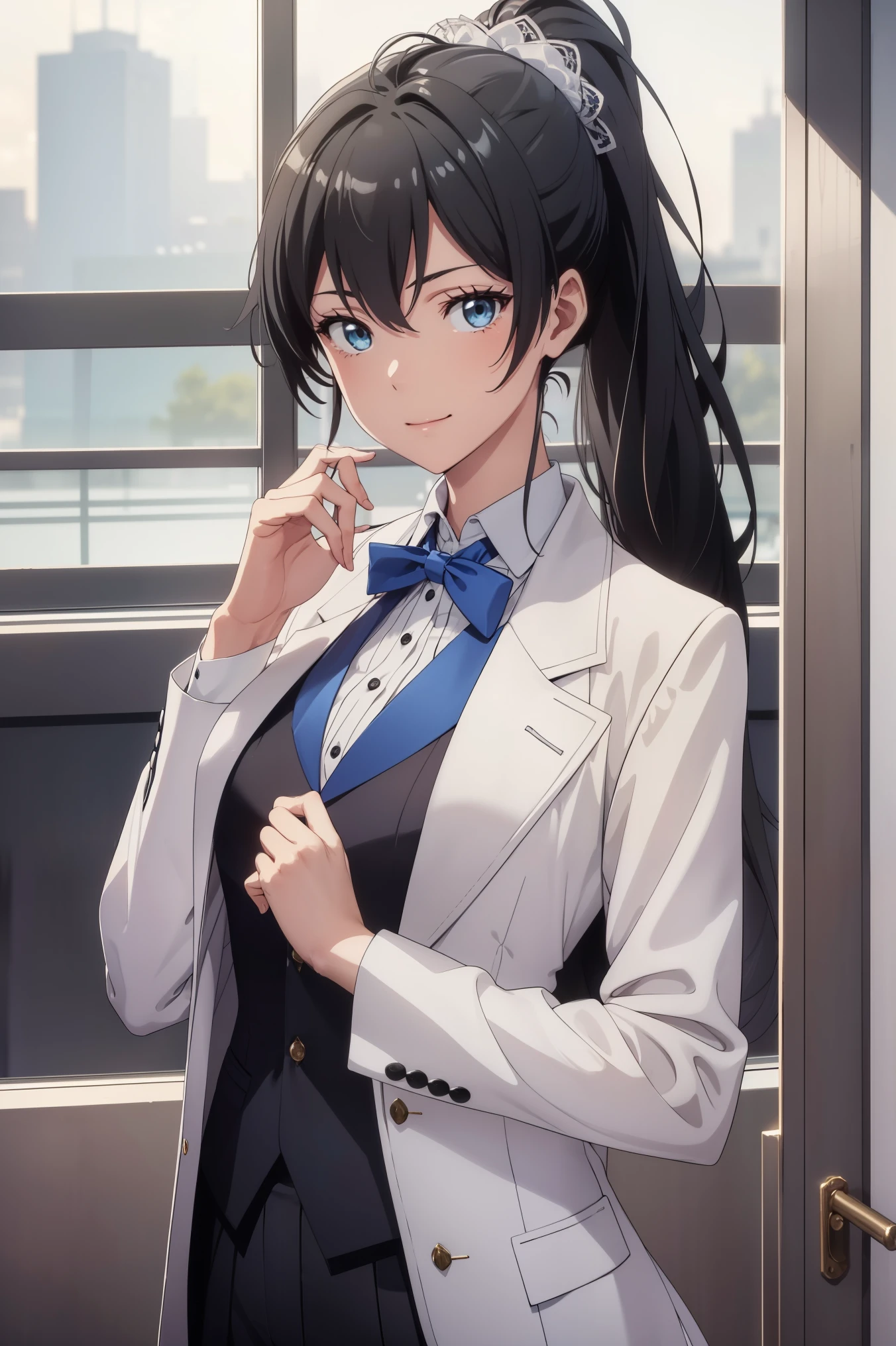 ((best quality)), ((masterpiece)), (detailed) 1girl 1girl, ;\), blurry, blurry_background, breasts, , hair_ponytail ribbon, looking_at_viewer, ok_sign, one_eye_closed, open_hand, Yukinoshita Yukino ,Woman wearing formal clothes, An attractive coat stands in a large gap in the room , 1girl, 独奏, blue necktie, Black hair, eyes blue, long hair, smile , collared shirt, white pants, white shirt , Elegantly designed coat , Stand in front of a window ,Perfectly tailored tailcoat. It has a stunning Victorian design and is made of lustrous fabric