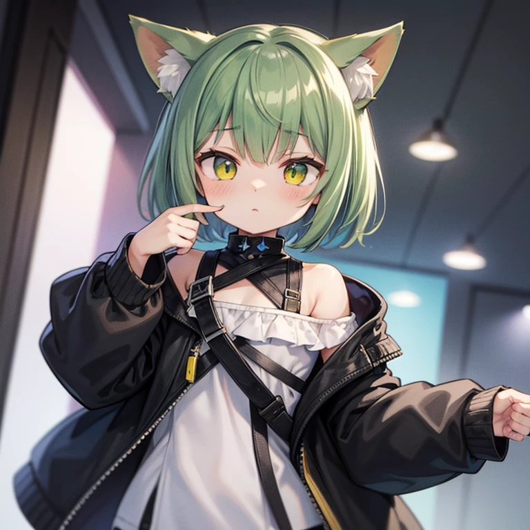 high quality,arknights,Kelsey,Kelsey（arknights）,light yellow-green hair color,light yellow-green cat ears,Clear look,Transparent eyes,Yellow-green eyes,short hairstyle,yellow green off shoulder,Expressionless