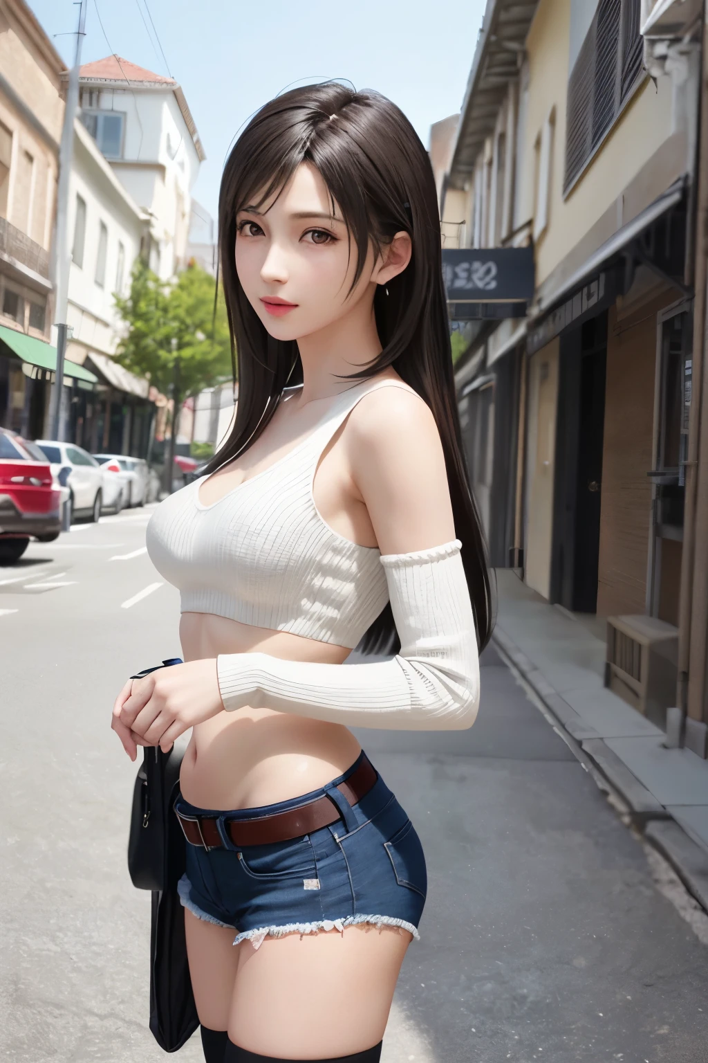 (top quality, masutepiece: 1.1), (Realistic: 1.3), (photoRealistic: 1.3), BREAK (((FF7,Tifa_lockhart))),(solo,Tifa:1.2),(loose knit:1.3,oversized long sweater:1.3,long sleeve:1.2),((Ultra-low rise,Denim short pants)),(tight long boots),((is standing)),(big city background:1.1,outdoor),(cool pose:1.1),Ultra-detailed face, Detailed eyes,Red eyes, BREAK (((FF7,Tifa_lockhart))),(black brown hair, Large breasts: 1.2), BREAK (no bra),(Small and beautiful hard nipple) , About 18 years old,kawaii,face focus:1.2,sensual,zettai_ryouiki:1.1,looking at viewer,