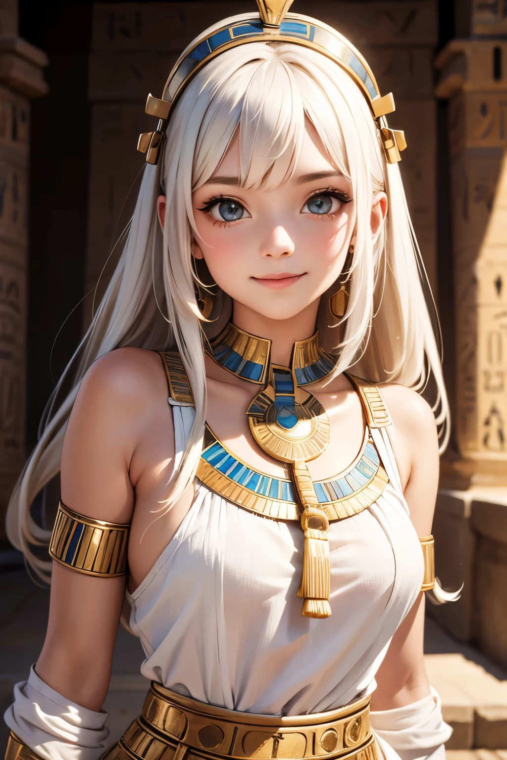 Cute teen girl in ancient Egyptian white mini dress, portrait, smile, depth of field, UHD, retina, masterpiece, ccurate, textured skin, anatomically correct, super detail, high details, high quality, award winning, best quality, highres, 1080P, 16k, 8k, 4K, HD