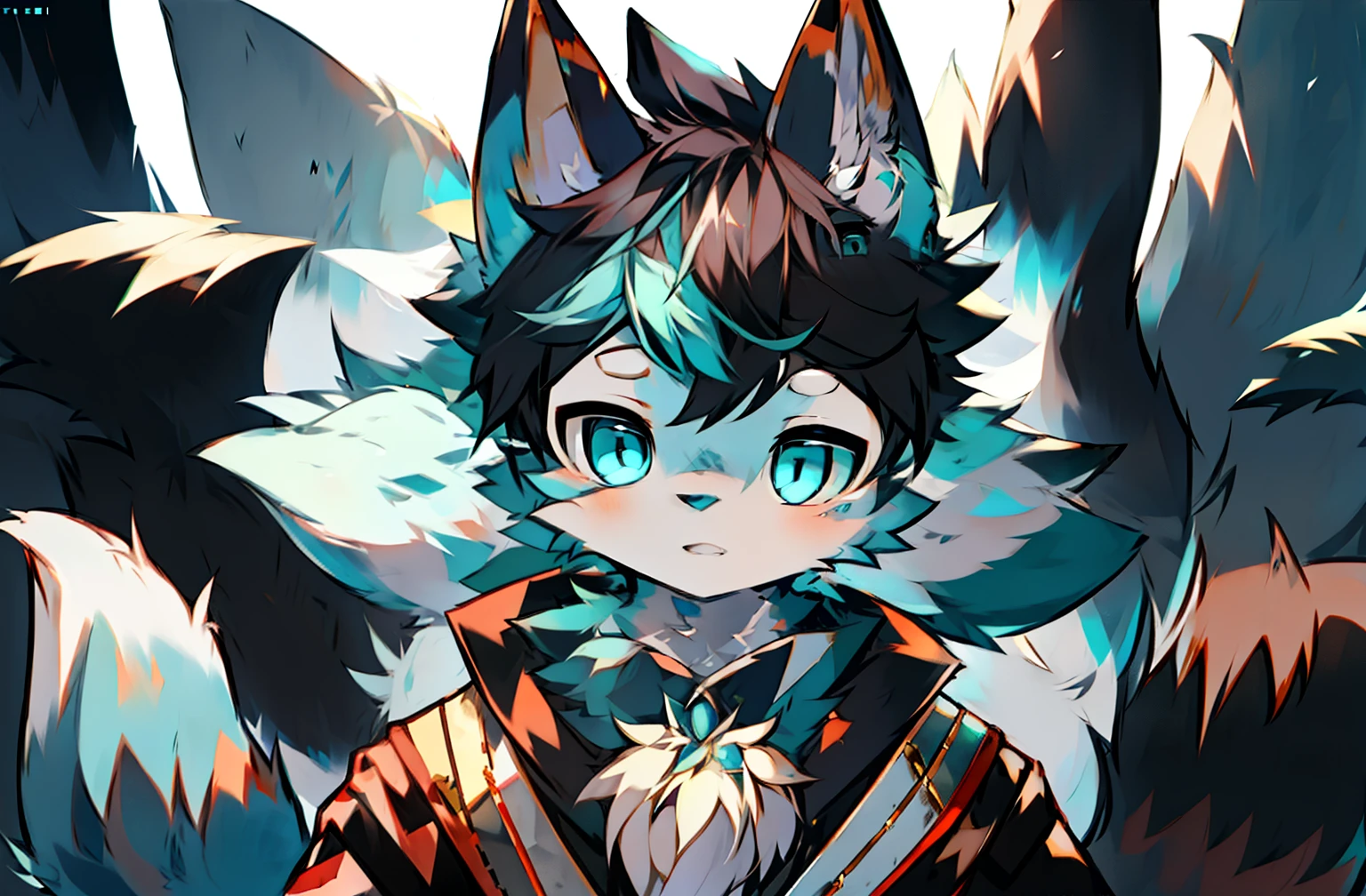 Anime style fox with blue eyes and black tail, Folsen Art, Very, Very Very Beautiful furry art, Fra Affinity Committee, furry art!, Delicacy Committee, high resolution committee, Fursona furry art Committee, Folsen !!, Folsen Committee, Professional furry digital art