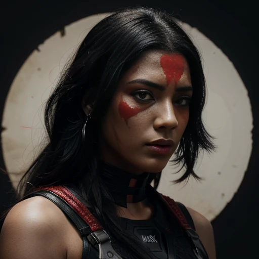 a woman with black hair and red paint on her face, vector art, by João Artur da Silva, trending on cgsociety, afrofuturism, black feathers instead of hair, indian warrior, gray black white and red noir, 4k hd artwork