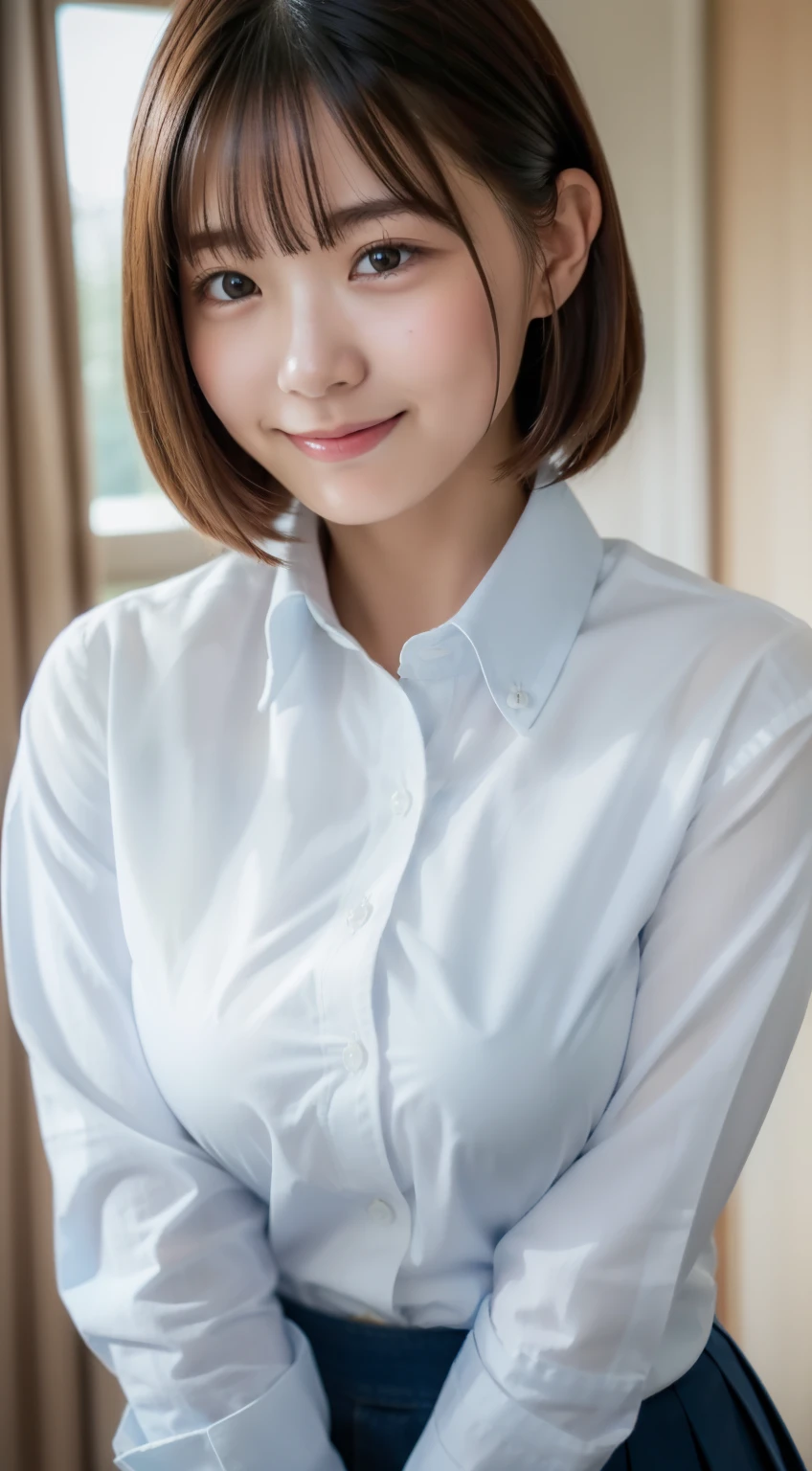 Enhanced dynamic perspective,Cute cute beautiful girl,JK school uniform,Look at me and smile,simple backgound,Works of masters,high quarity,4K resolution,super-fine,Detailed pubic hair,准确,Cinematic lighting,Volleyball Club、Leaves the original facial proportions、(huge full breasts:1.4)、((buttonGap)), (wearing a shirt which is completely buttoned), ((button down shirt:1.2)), (sfw), sukebra, see through bra, (fsb), Breast Squeeze,