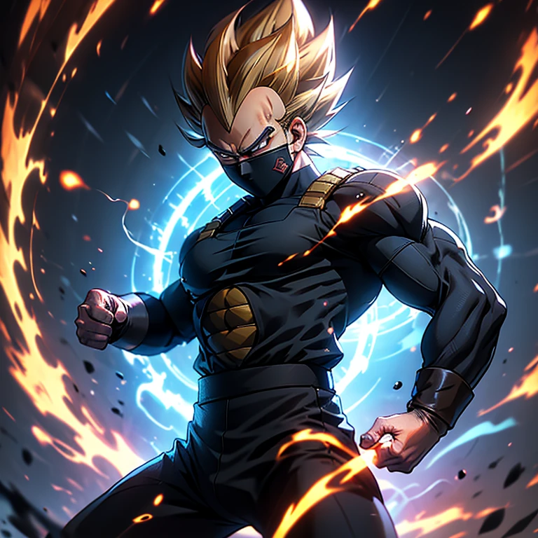 Cinematic Still of Vegeta, the Prince of Saiyans, wearing a sleek Hatake Kakashi suit. The image captures Vegeta's powerful stance, muscles rippling beneath the perfectly tailored attire. The white top contrasts sharply against his bronzed complexion, while the black waist strap adds a touch of elegance. With arms folded and a piercing gaze, Vegeta emanates an aura of cool confidence, ready to take on any challenge that comes his way. This extraordinary artwork is available in the highest resolutions, ranging from 4k to 8K, ensuring every intricate detail is displayed with absolute clarity. It is a true masterpiece, worthy of adorning the walls of any fan's collection.