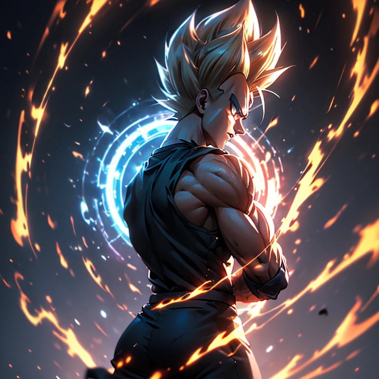Cinematic Still of Vegeta, the Prince of Saiyans, wearing a sleek Hatake Kakashi suit. The image captures Vegeta's powerful stance, muscles rippling beneath the perfectly tailored attire. The white top contrasts sharply against his bronzed complexion, while the black waist strap adds a touch of elegance. With arms folded and a piercing gaze, Vegeta emanates an aura of cool confidence, ready to take on any challenge that comes his way. This extraordinary artwork is available in the highest resolutions, ranging from 4k to 8K, ensuring every intricate detail is displayed with absolute clarity. It is a true masterpiece, worthy of adorning the walls of any fan's collection.