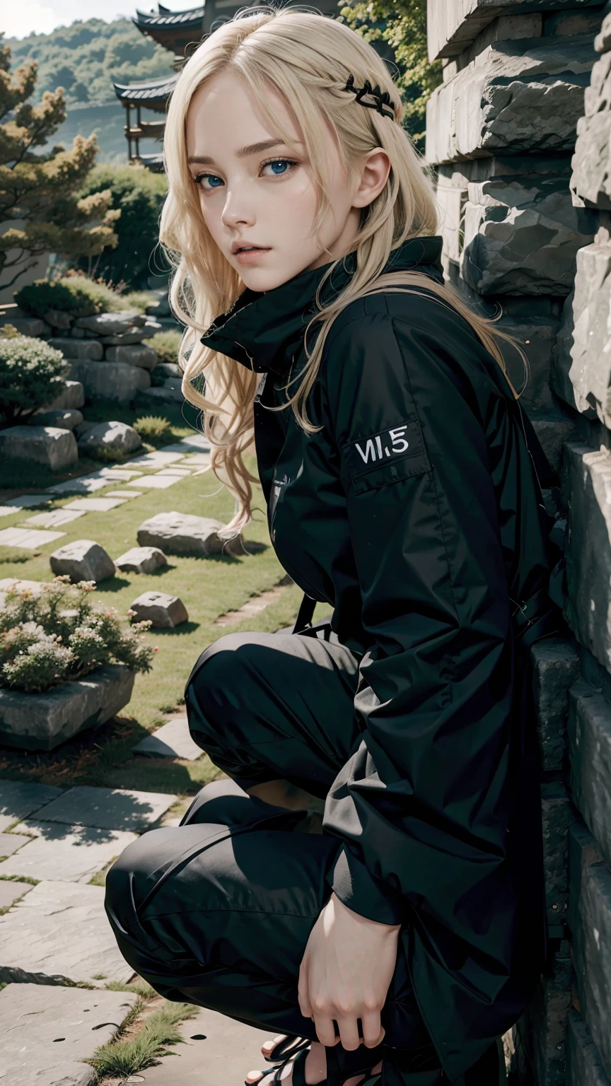 22 year old white female、hair color is blonde、blue eyes、long hair、The ends of the hair are wavy、Covering his face with cloth like a ninja、Wearing an all-black ninja suit、Slender but muscular body、I'm in a Japanese castle、I'm next to a stone wall made of large stones.、crouching like a ninja