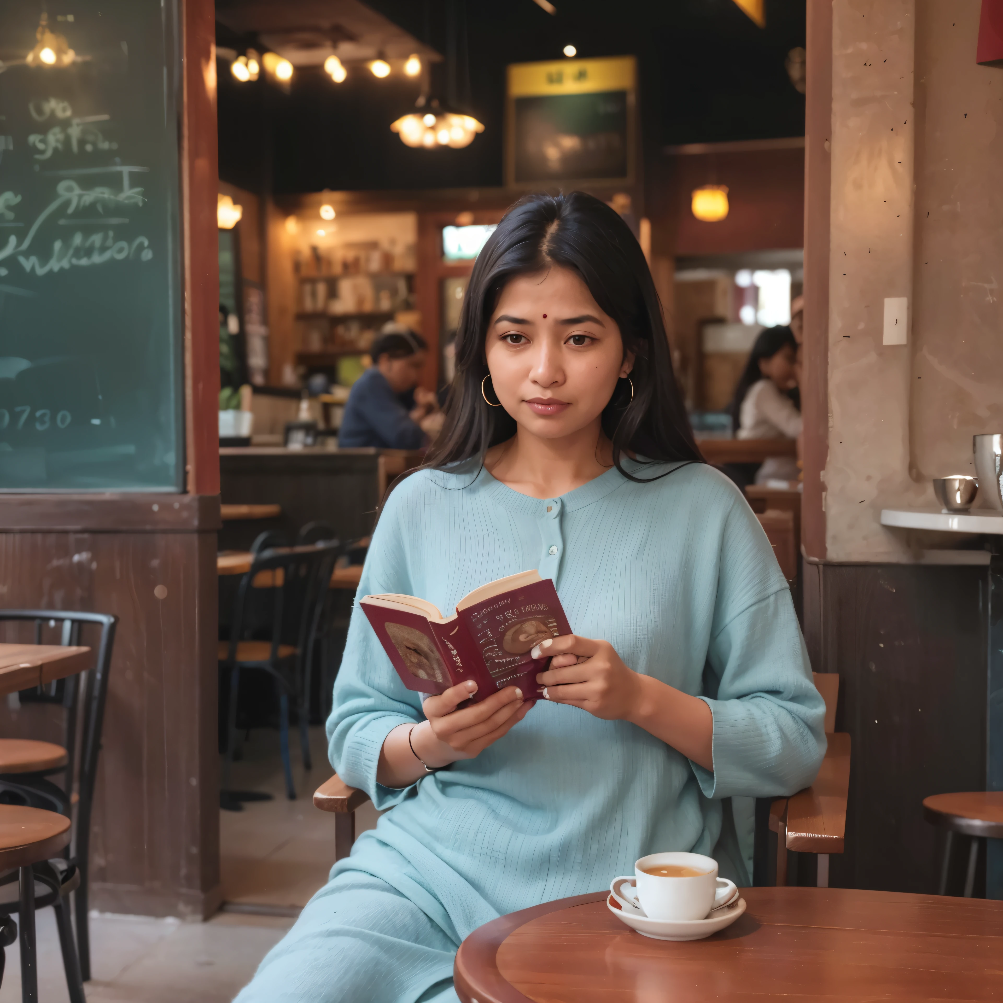 woman sitting at a table reading a book in a cafe, sitting in a cafe alone, mid shot portrait, sitting alone in a cafe, inspired by Sunil Das, sitting in a cafe, reading new book, village girl reading a book, portrait shot, enjoying coffee at a coffee shop, medium shot portrait, a portrait, assamese aesthetic, portrait
