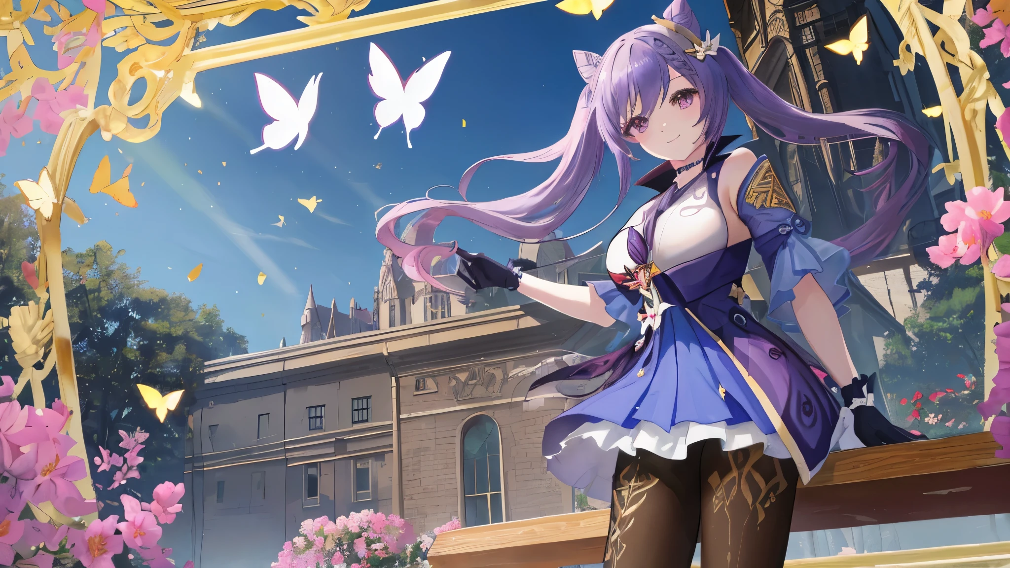 ((masterpiece, highest quality)), straight, smiling,face focus,((1 girl)), {long hair}, ((big breasts)), Are standing, hair ornaments, gloves, gilded frame, (detailed light),lit, colorful, layered background, (gothicarchitecture), pool, (luxury background), dynamic angle, delicate background, (shine),Keqing \(genshin impact\),twin tails, purple hair, outdoor,School,bench,looking at the viewer,sunlight,cloudy sky,flower,Lens flare,butterfly