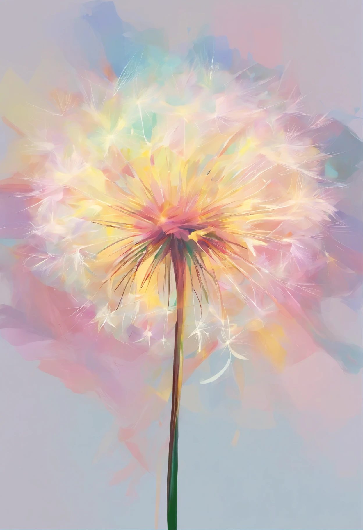Draw an abstract painting of a single flower.,Light pastel colored dandelion fluff、aesthetic composition,Minimal style, soft and warm strokes、The main colors of the work are gentle pastel colors.、While staring at this image, you、Interaction of color and texture、Immerse yourself in the gentle atmosphere