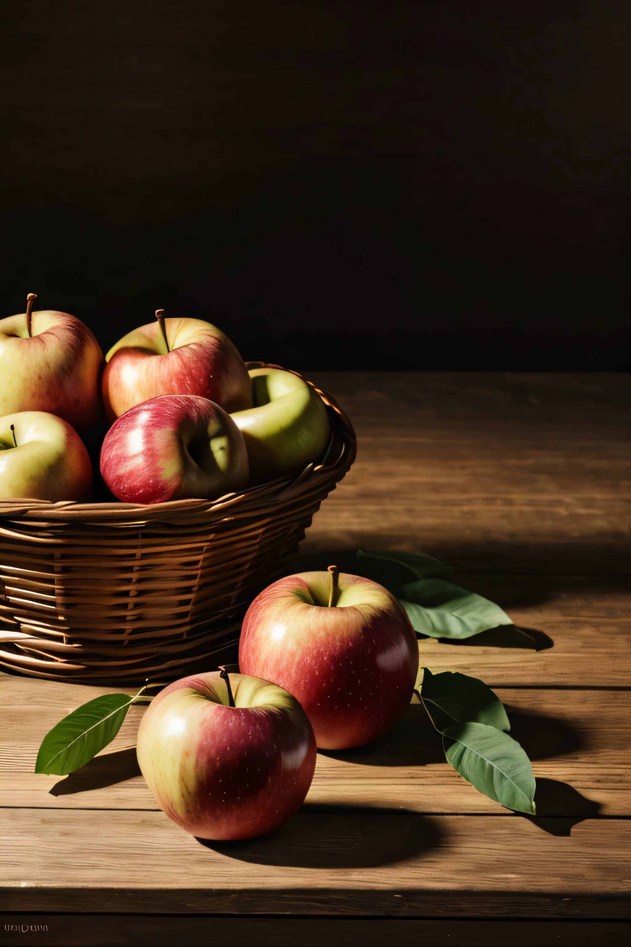 (melhor qualidade,high resolution,obra de arte:1.2),ultra-detalhado,realista,photorealista:1.37,natureza morta,fruta,Apples,cesto,Cores ricas,vibrante,sombras sutis,destaques brilhantes,textura detalhada,pinceladas finas,classic style of oil painting,aged wood cesto,ripe red Apples,delicadas folhas verdes,Destaques espumantes,On a rustic wooden table,luz dourada quente,faint reflections of the fruta on the tabletop