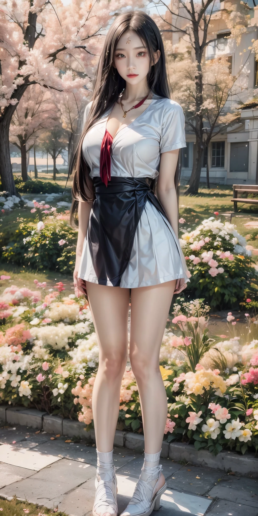 realistic, 1 women, best quality, 12k, HD, long hair, big round breasts, cleavage, ponytail, necklace, jewelry, shorts, short jacket, slim hips, hair tie, yellow eyes, black hair, super detailed, Eye details, hair details, person details, mouth details, face details, breast details, clothes details, hair details, pants details, hand details, whole body