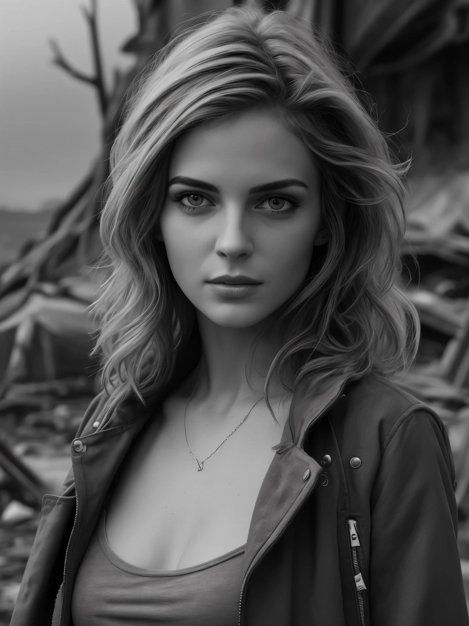 Photorealistic, masterpiece grayscale photo, woman with messy hair and poor minuscule postapocalyptic clothes, cute sexy, (detailed wastelands background), ultra sharp focus, detailed face, (((posing))), random hair color, short hair, beautiful eyes, full body, high quality black and white image