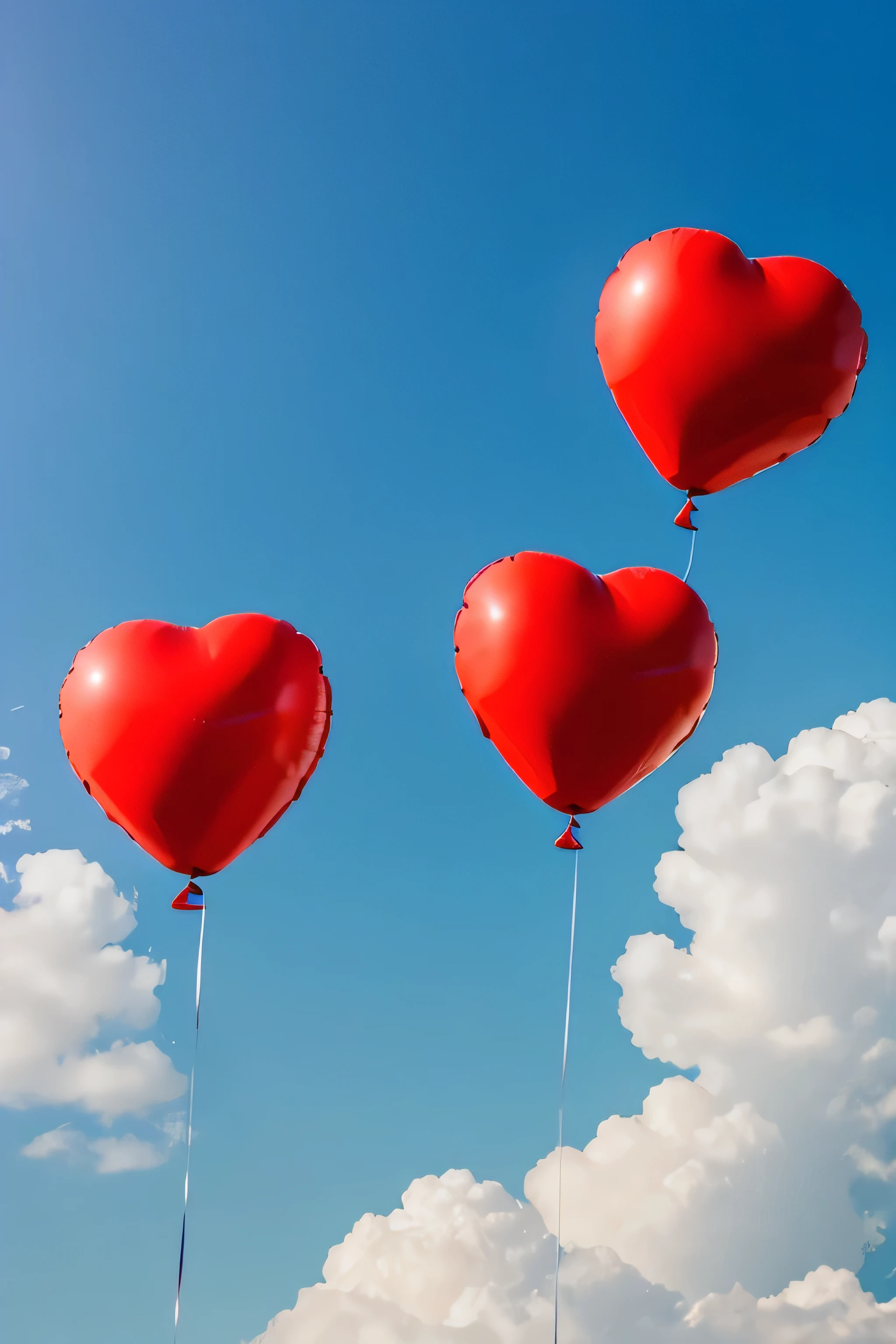 several red heart-shaped balloons against a clear blue sky in the background