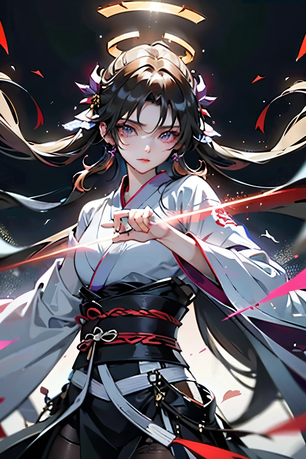 A handsome Chinese girl, sharp eyes, clear facial features, wearing Hanfu, combat posture, martial arts movements, body surrounded by purple mist, runes around, holographic reality, holographic halo, motion blur, game light effects, edge light, soft light, movie edge light, delicate light, masterpiece, super detailed, epic composition, super HD, high quality, highest quality, 32k