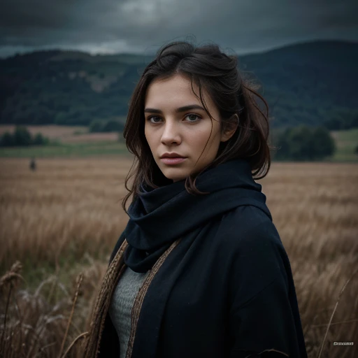 a girl standing in a field with a scarf, in the style of dark and brooding designer, voluminous mass, photobash, serene faces, jagged edges, navy, natural beauty --ar 69:128 --stylize 750 --v 6