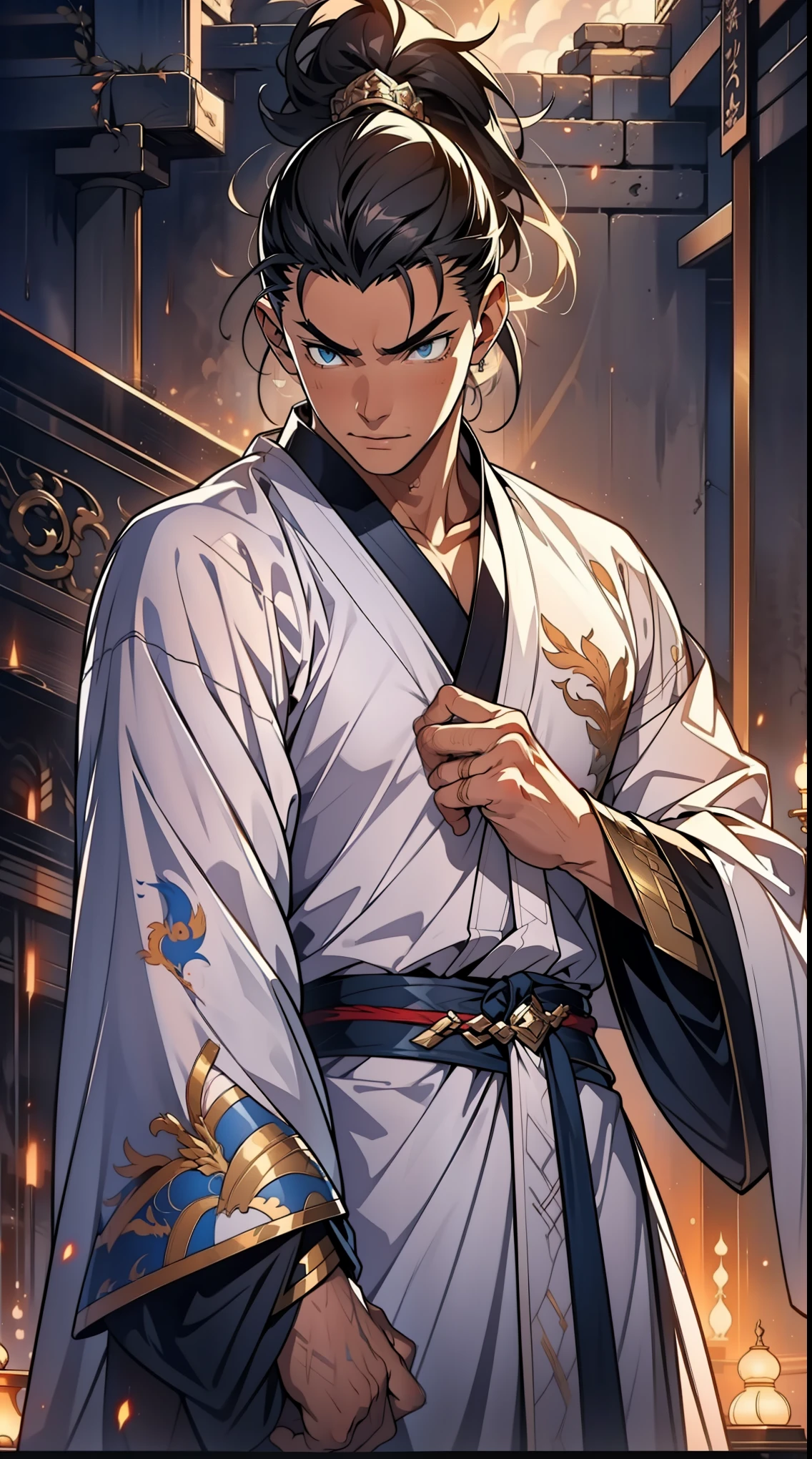 Two dimensions，anime style，one person（male warrior），proportions are correct，facial details，swordsman，high ponytail hairstyle，neck detail，Have an Adam&#39;s apple，White robe，joke，white robe，clothing details，transfer，long sleeves，Game quality，fencing，Ray tracing，Ray tracing，Detailed glow，CG rendering，hair details，long black hair，blue eyes，Handsome，Handsome，（Youthful feeling），Clothing is complicated，Perfect composition，refine，high quality，higher details，many details，Complex background，a sense of atmosphere，