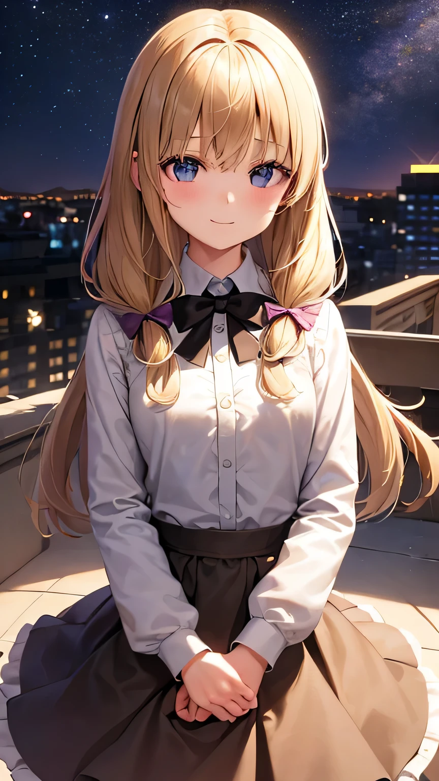 (very delicate and beautiful: 1.2), 1 girl, robber girl, bangs, cute eyes, bow, brown hair, closed mouth, Landscape, hair between eyes, hair bow, long sleeves, looking at the viewer, medium hair, alone, Upper body, Short school uniform: 1.3, ((alone)), (masterpiece), blonde、Poses with different movements、With a smile、mini skirt、