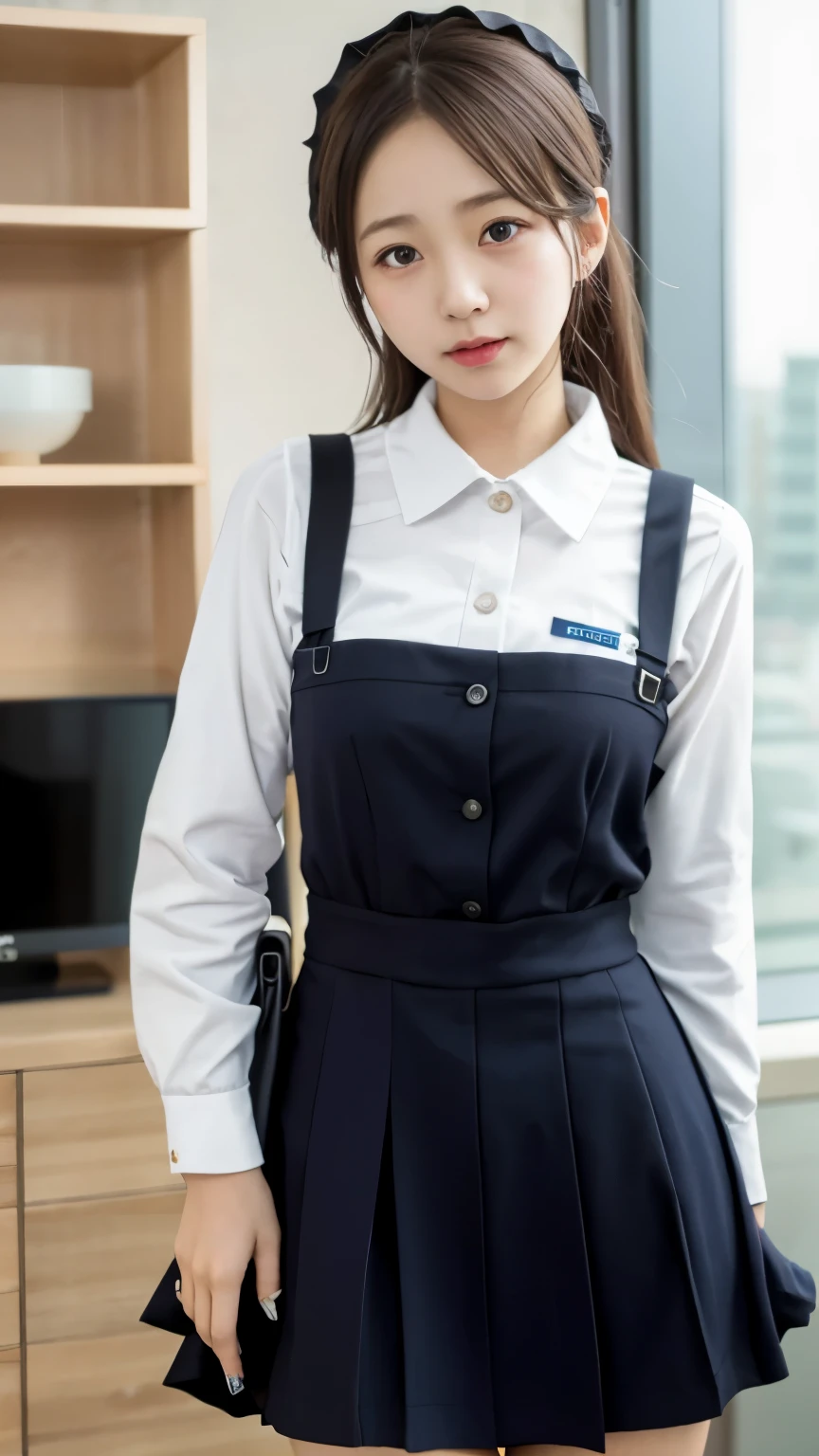 Classroom,idol,jumpping,Looking at the camera,Hair flutters,a smile,Ekbo,Short skirt,Illuminated by live-like lighting,Blue sky outside