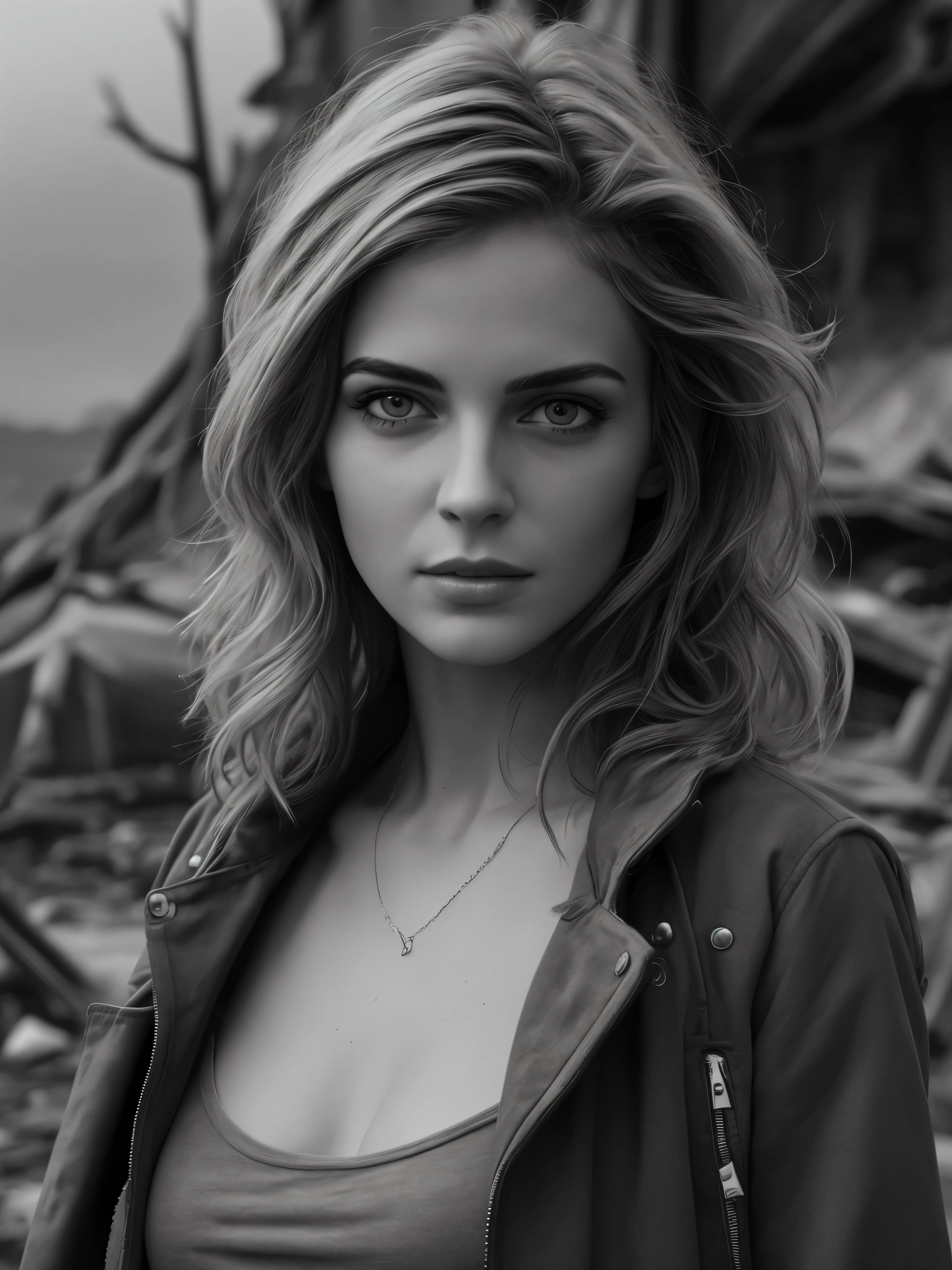 photorealistic, Masterpiece photo in shades of gray, woman with disheveled hair and tiny post-apocalyptic clothes, cute sexy, (Detailed wasteland background), ultra sharp focus, Detailed face, (((posing))), random hair color, short hair, Beautiful eyes, whole body, high quality black and white image