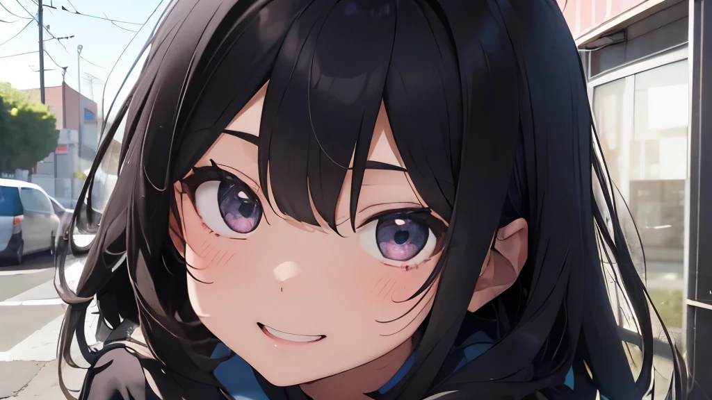 School、high school student、16 years old、Energetic girl、cute、hair is black and long、eyes are big and clear、very smiling、Black Sarah Outfit、black eye