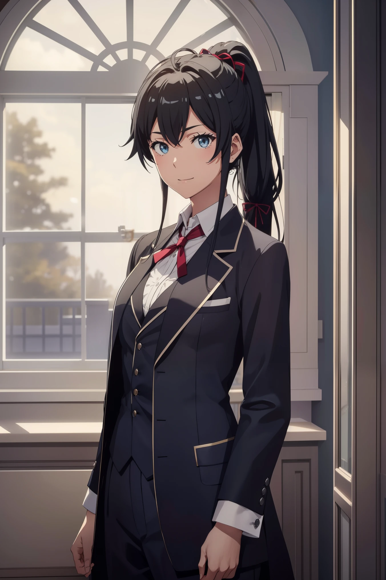 ((best quality)), ((masterpiece)), (detailed) 1girl 1girl, ;\), blurry, blurry_background, breasts, , hair_ponytail ribbon, looking_at_viewer, ok_sign, one_eye_closed, open_hand, Yukinoshita Yukino ,Woman wearing formal clothes, An attractive coat stands in a large gap in the room , 1girl, 独奏, blue necktie, Black hair, eyes blue, long hair, smile , collared shirt, white pants, white shirt , Elegantly designed coat , Stand in front of a window ,Perfectly tailored tailcoat. It has a stunning Victorian design and is made of lustrous fabric