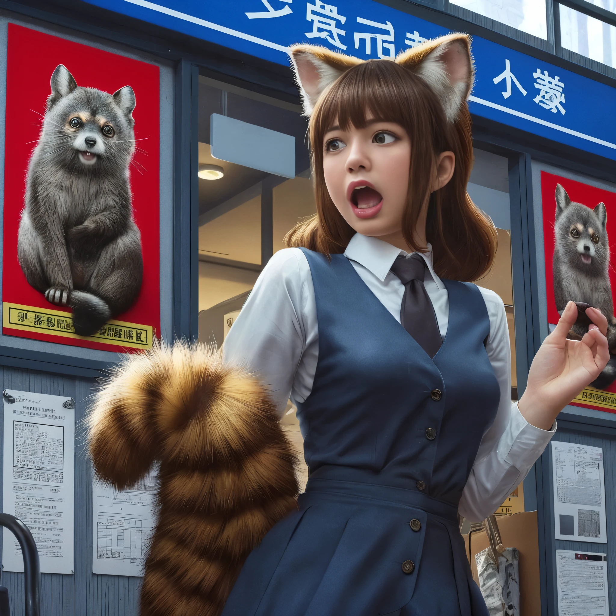 a woman stands with a tanuki tail, (software) safe for work, fur with tail, software version, coworkers, realistic style, , realistic style , two beautiful girls, photograph, 最high quality, (Her skirt is flipped up and her tail is visible.:1.8) ,Reality, small breasts, slender, white panties,tail from above panties, Tail from inside the skirt, bushy tail, realistic tail, flat chest, (software) safe for work, nffsw, retina, muste piece, Accurate, anatomically correct, super detail, advanced details, high quality, 最high quality, High resolution, 1080p, 4k, 8K, The tail is sticking out from inside the skirt, long tail, surprised face, angry face