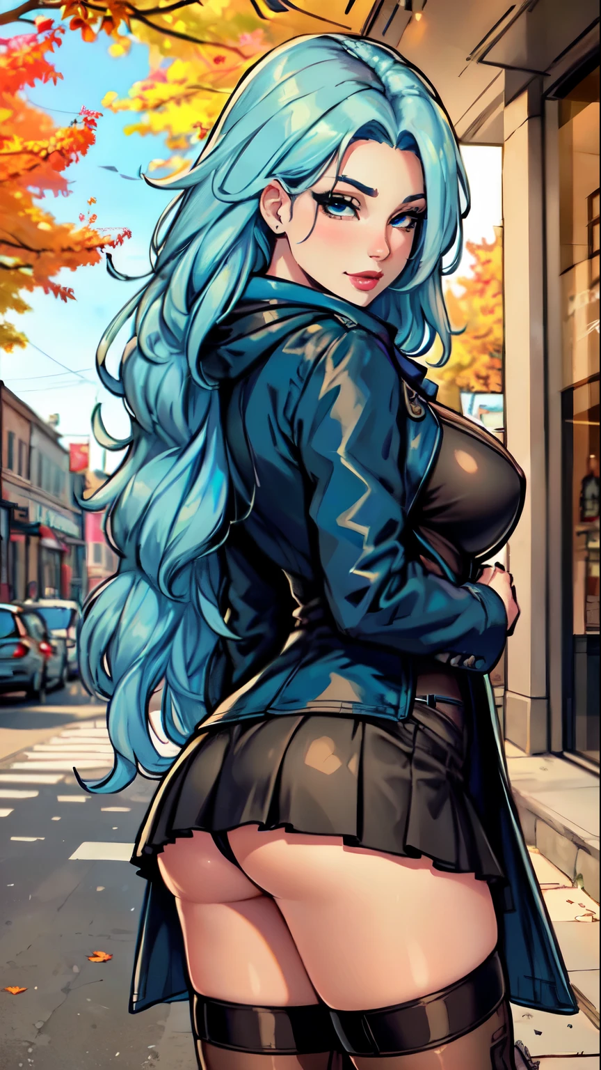 Masterpiece, raw, beautiful art, professional artist, 8k, art style by sciamano240, very detailed face, very detailed hair, 1 mature woman, perfectly drawn body, beautiful face, long hair, light blue hair , very detailed blue eyes, pouty lips , rosey cheeks, intricate details in eyes, playful smile, looking directly at viewer , in love with viewer expression, wedding ring , lipstick, very close up on face, sunny fall day, out shopping, wearing cute fall clothes, leather coat, scarf, short skirt, thigh boots, rear view,