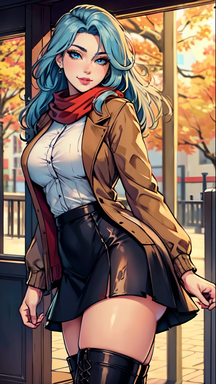 Masterpiece, raw, beautiful art, professional artist, 8k, art style by sciamano240, very detailed face, very detailed hair, 1 mature woman, perfectly drawn body, beautiful face, long hair, light blue hair , very detailed blue eyes, pouty lips , rosey cheeks, intricate details in eyes, playful smile, looking directly at viewer , in love with viewer expression, wedding ring , lipstick, very close up on face, sunny fall day, out shopping, wearing cute fall clothes, leather coat, scarf, short skirt, thigh boots, rear view,