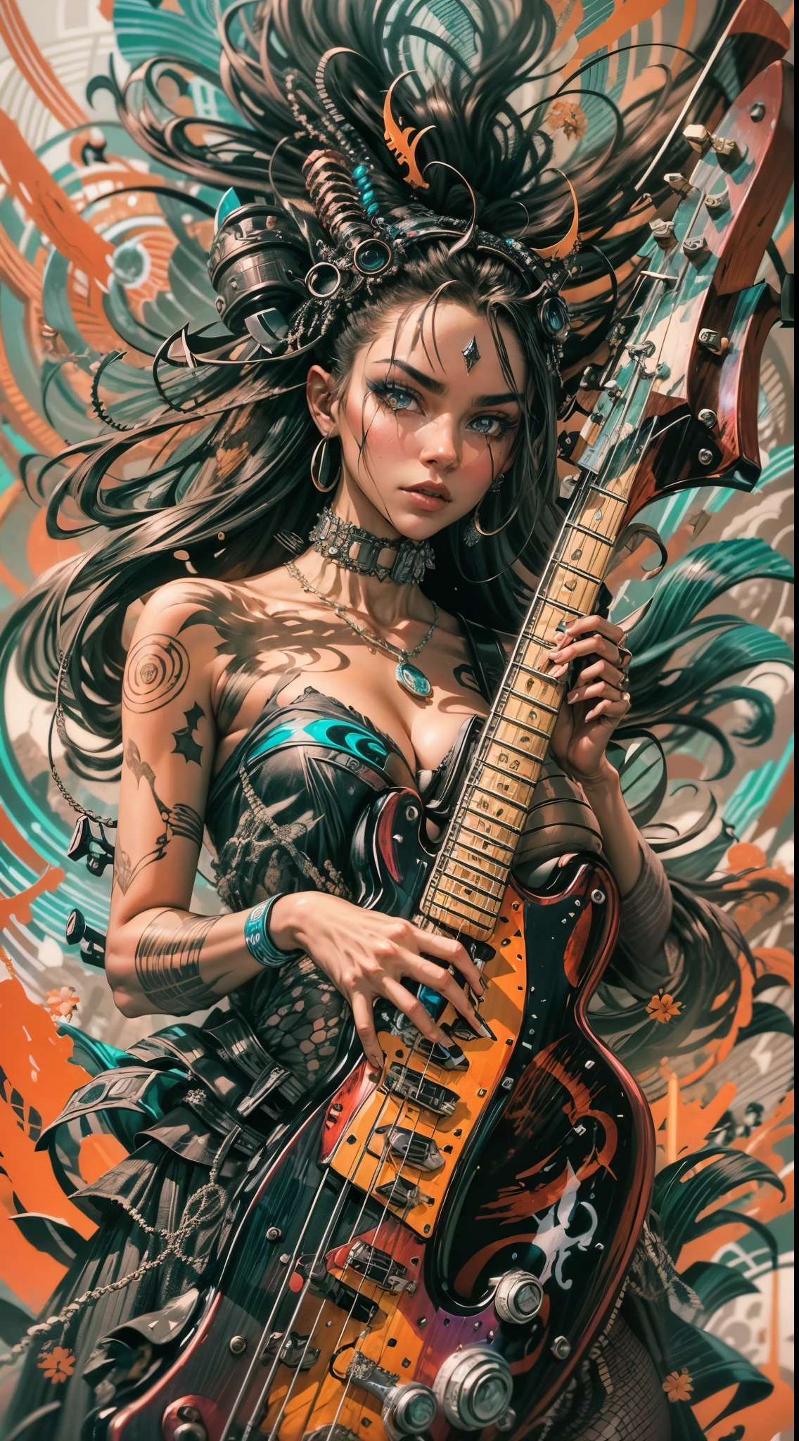 image of a woman playing bass, dynamic pose,Explosive, otherworldly painting of a shape-shifting deity adorned with chaotic rock and roll motifs and omnipresent, piercing eyes, a breathtaking amalgamation of fine art and captivating photo collage, mesmerizing poster design:: their appearance exuded the enigmatic allure of cyberpunk minimalism fused with cosmic chaos:: --ar 9:16 --s 963 --c 9 --q 2 --v 5