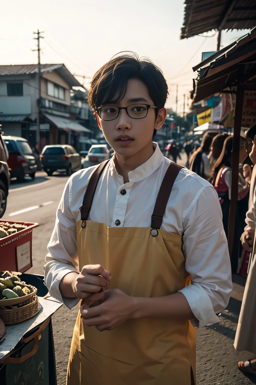 make a real life young nobita as indonesian, in traditional market, golden hour, cinematic look