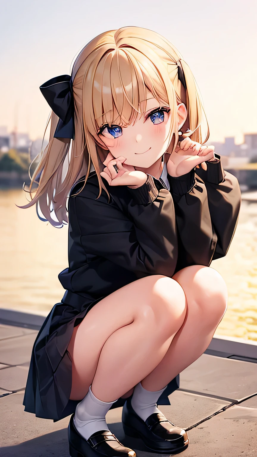 (very delicate and beautiful: 1.2), 1 girl, robber girl, bangs, cute eyes, bow, brown hair, closed mouth, Landscape, hair between eyes, hair bow, long sleeves, looking at the viewer, medium hair, alone, Upper body, Short school uniform: 1.3, ((alone)), (masterpiece), blonde、Poses with different movements、With a smile、mini skirt、squatting