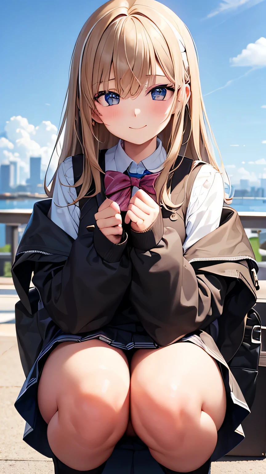 (very delicate and beautiful: 1.2), 1 girl, robber girl, bangs, cute eyes, bow, brown hair, closed mouth, Landscape, hair between eyes, hair bow, long sleeves, looking at the viewer, medium hair, alone, Upper body, Short school uniform: 1.3, ((alone)), (masterpiece), blonde、Poses with different movements、With a smile、mini skirt、squatting