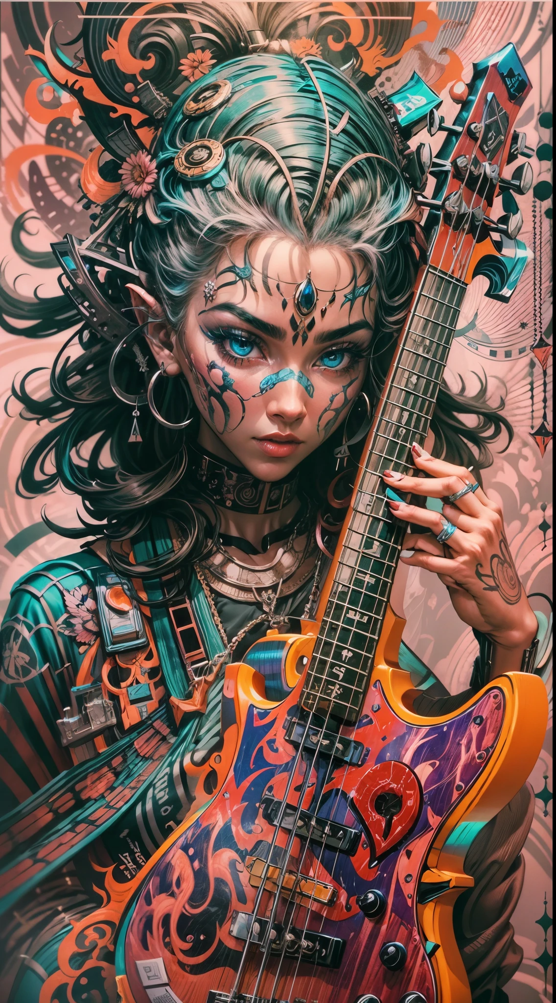 image of a woman playing bass, dynamic pose,Explosive, otherworldly painting of a shape-shifting deity adorned with chaotic rock and roll motifs and omnipresent, piercing eyes, a breathtaking amalgamation of fine art and captivating photo collage, mesmerizing poster design:: their appearance exuded the enigmatic allure of cyberpunk minimalism fused with cosmic chaos:: --ar 9:16 --s 963 --c 9 --q 2 --v 5