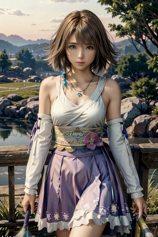 (masterpiece, highest quality:1.3)
Yuna FF10, 1 girl, alone, heterochromia, brown hair, Pastel Dresses, rural area, twilight, soft light, quiet