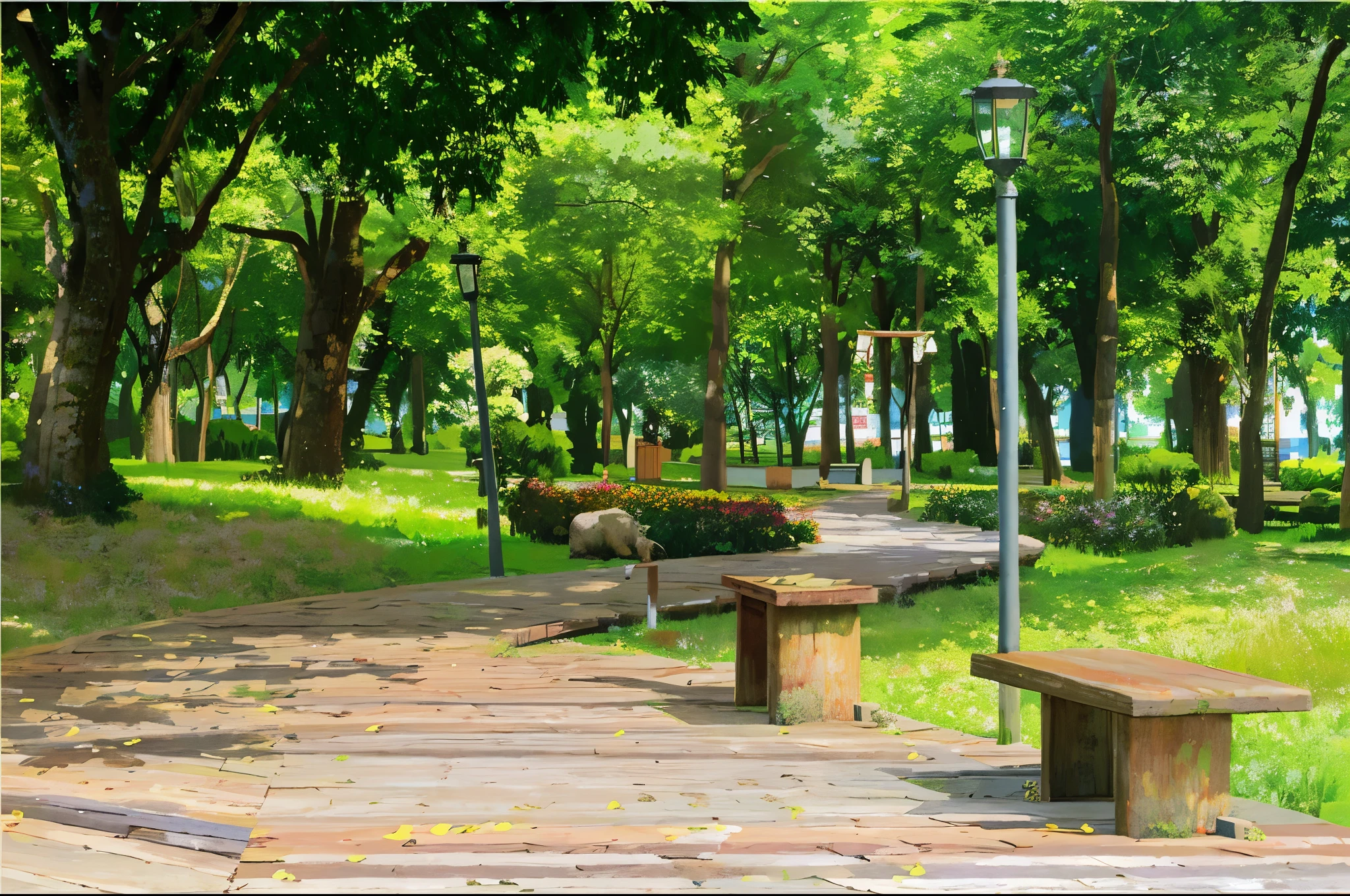 there is a wooden walkway with benches and a lamp post, park on a bright sunny day, parks and public space, park landscape, sunny day in a park, park background, parks and gardens, green spaces, sunny park background, city park with flowers, sangyeob park, serene environment, beautiful image, peaceful environment, garden environment, benches